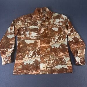 Vintage Lancer California Mens Western Scenic Print Button Down Shirt Brown M